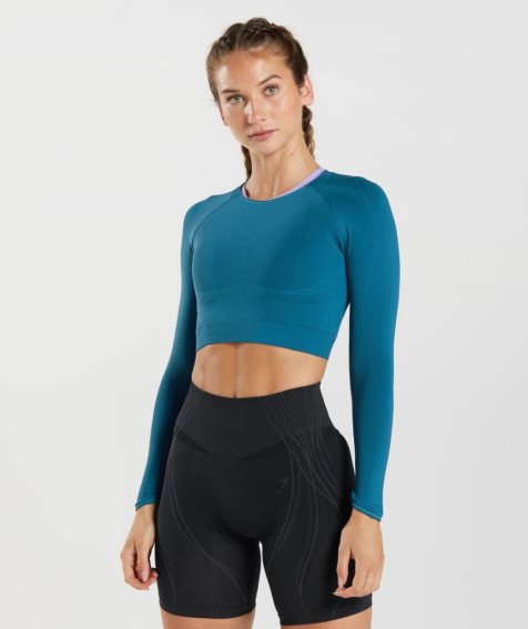 Women's Gymshark Apex Seamless Cropped Tops Blue | NZ 9CUWEY